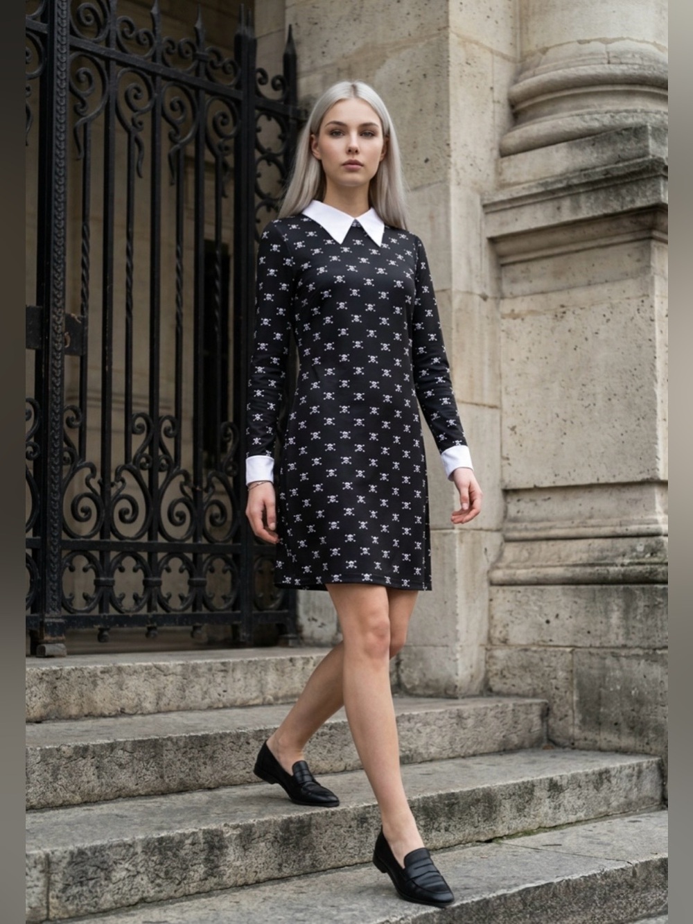 2 for $30 | Halloween Costume | Wednesday Addams Skull-Print Long-Sleeve Dress - Picture 9 of 16